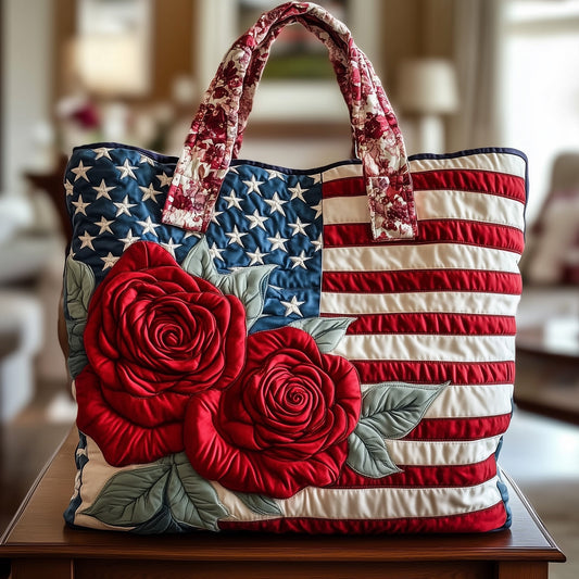 American Flag Roses Quilted Tote
