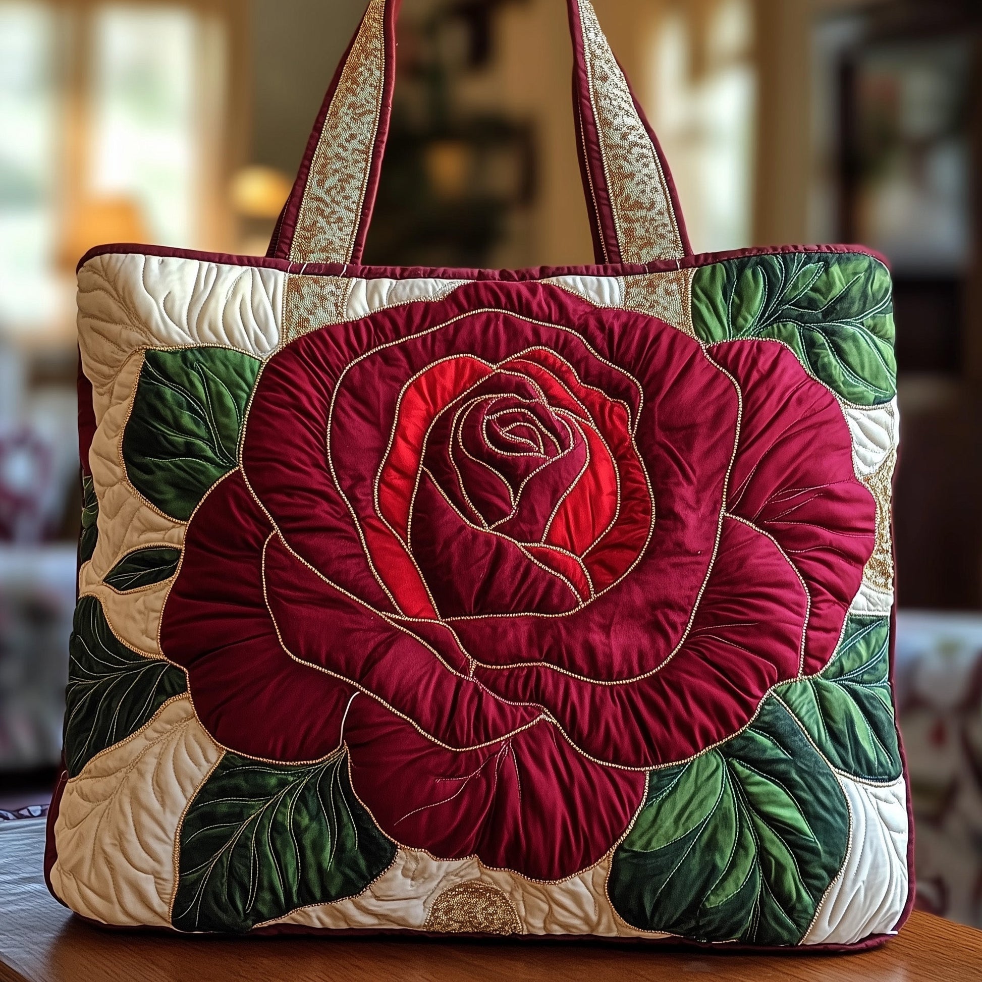 Red Rose Green Leaves Quilted Tote