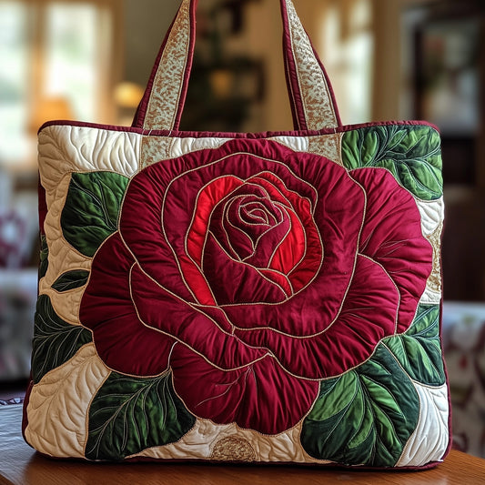 Red Rose Green Leaves Quilted Tote