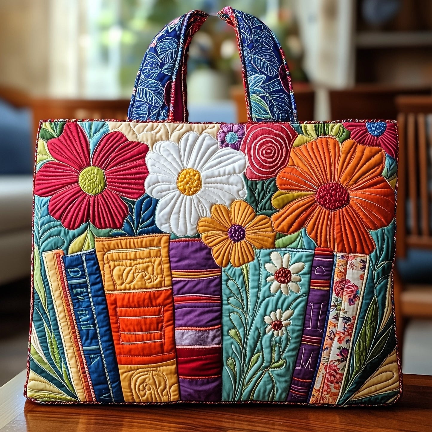 Floral Books Patchwork Quilted Tote