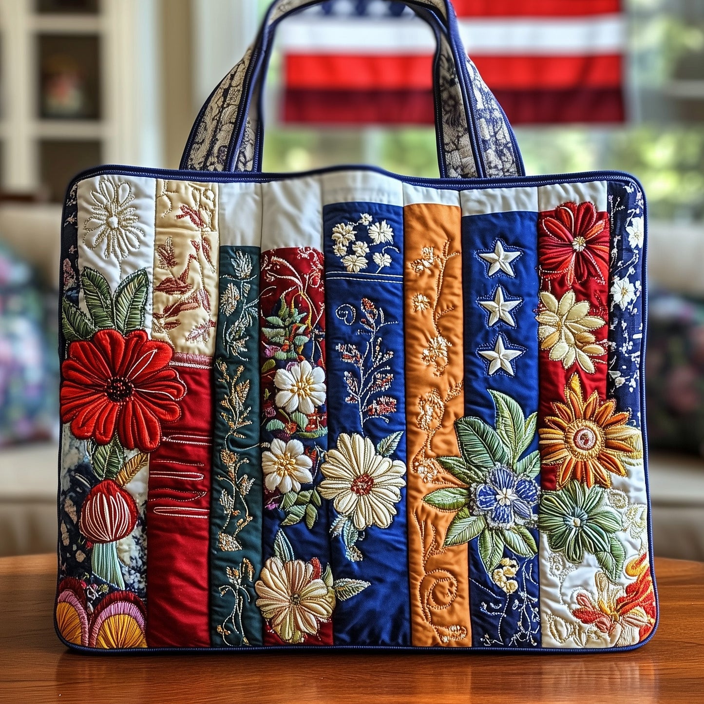 Rooster Floral Embroidery Quilted Tote