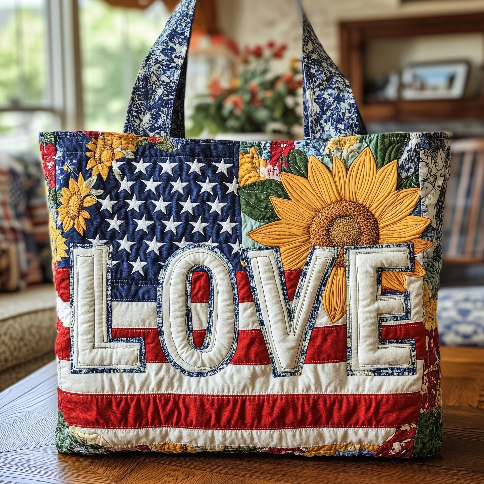 Sunflower American Flag Quilted Tote