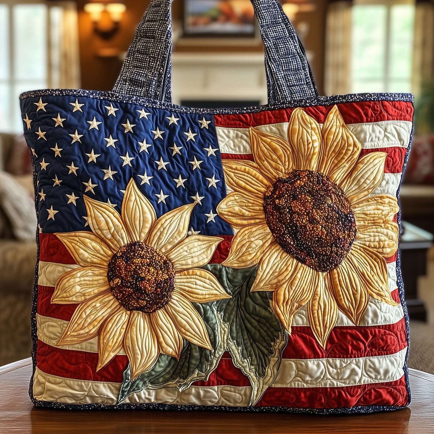 Sunflower American Flag Tote Bag