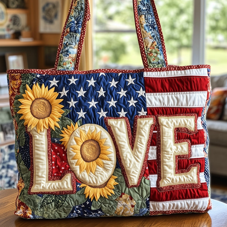 Sunflowers American Flag Quilted Tote