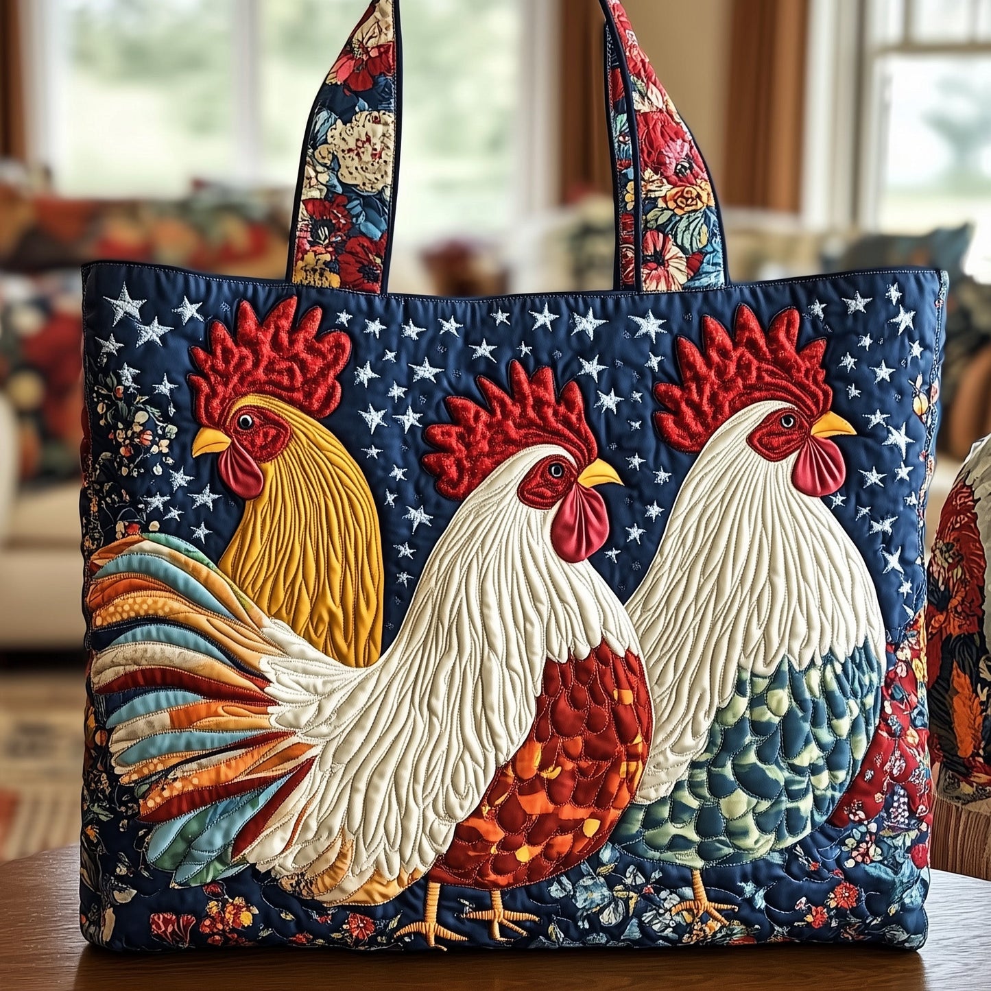Rooster Stars Sunflower Quilted Tote