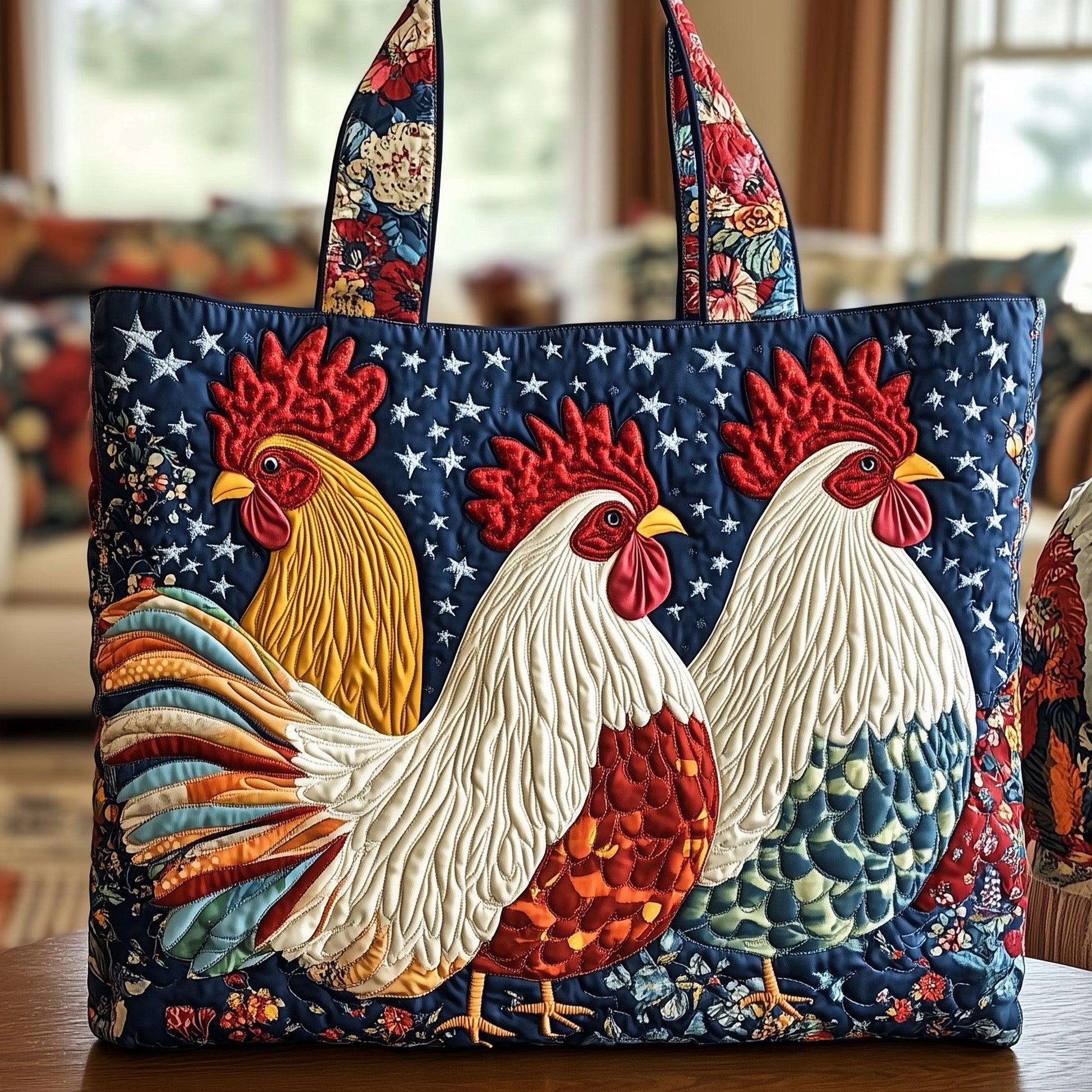Rooster Stars Sunflower Quilted Tote
