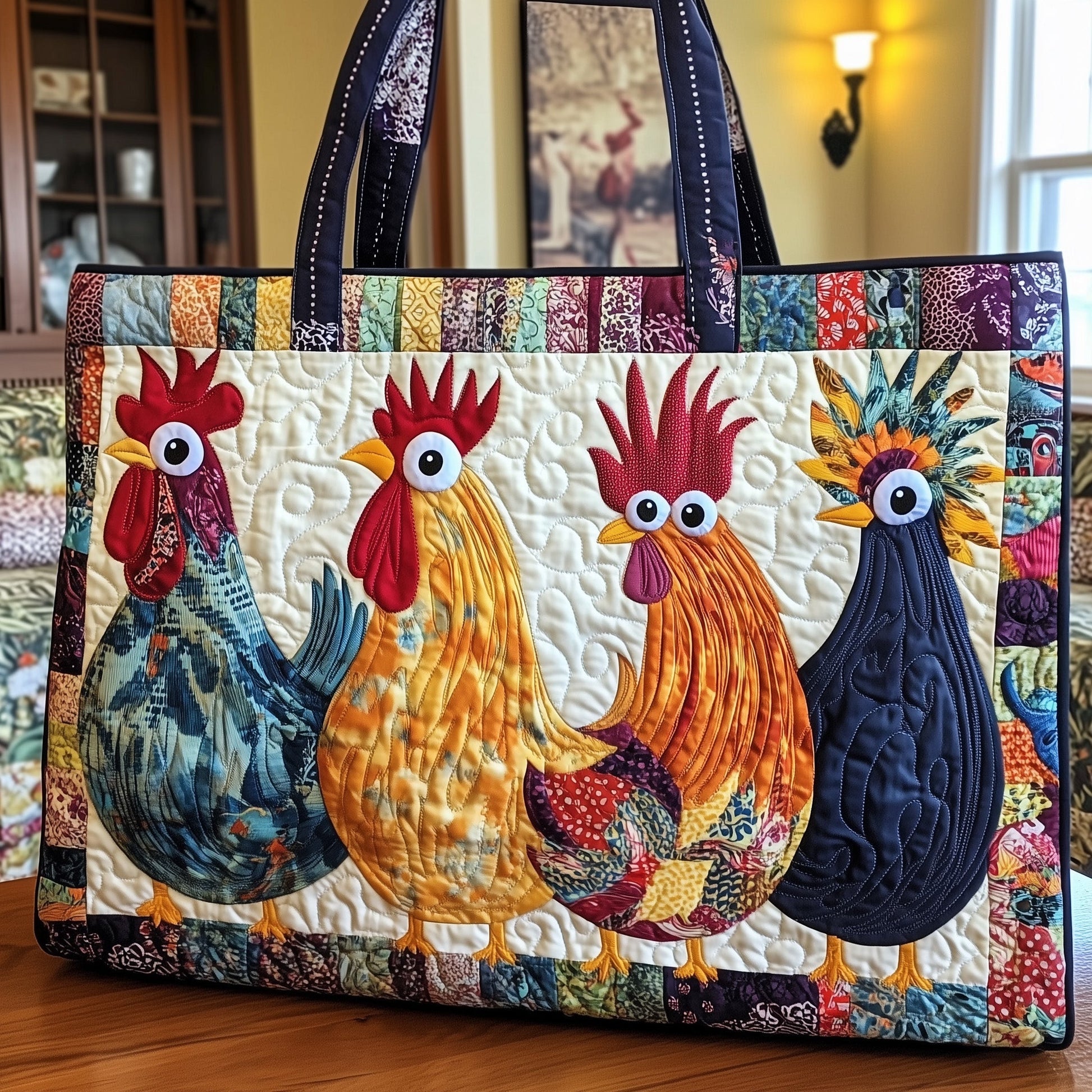 Colorful Roosters Patchwork Quilted Tote