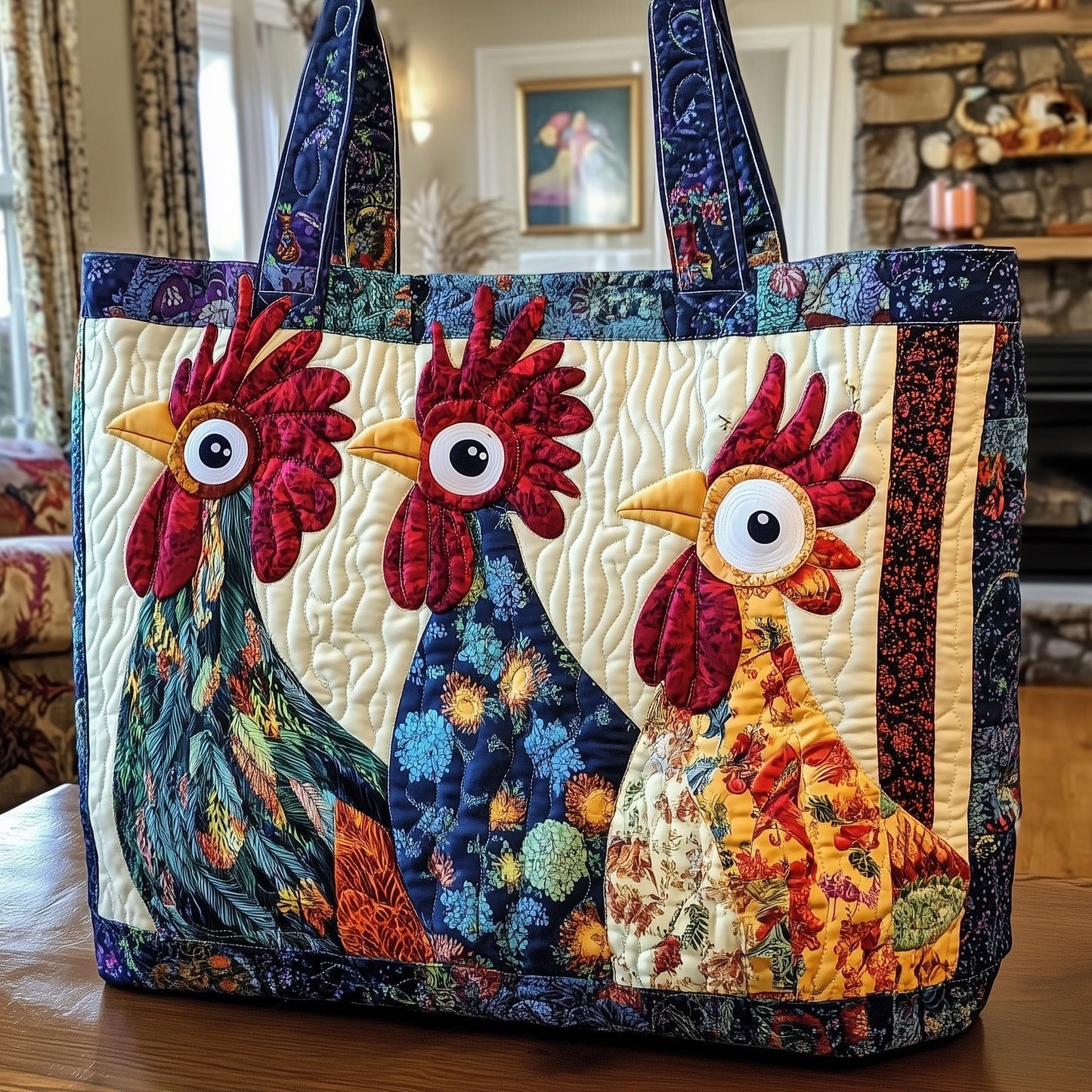 Everyday Whimsical Roosters Quilted Tote