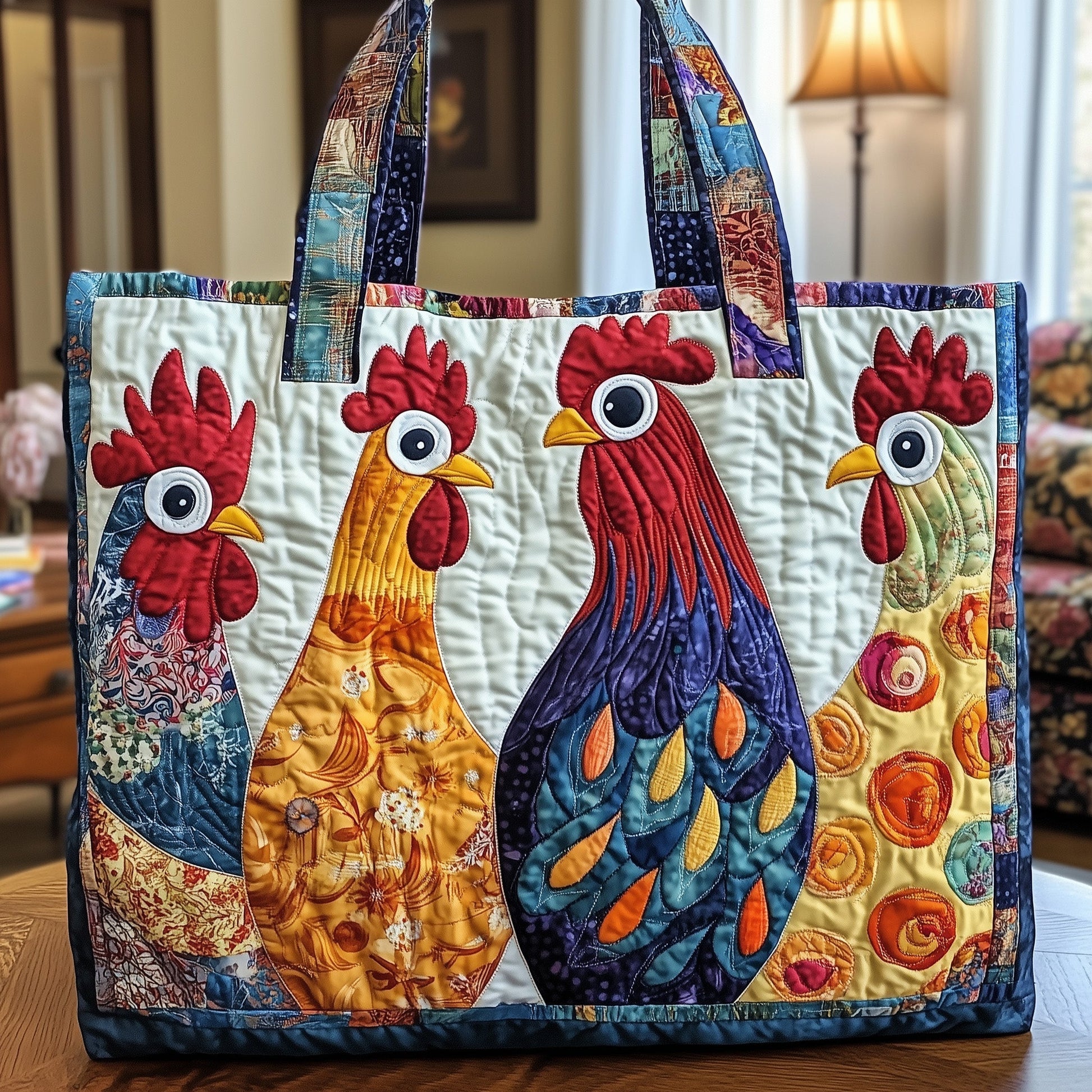Colorful Roosters Applique Quilted Tote
