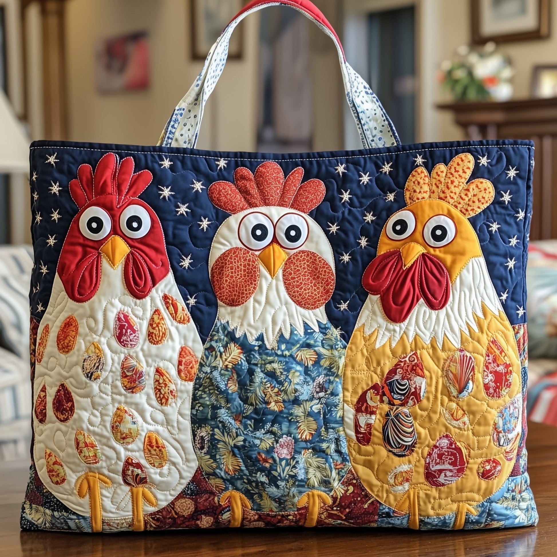 Everyday Whimsical Chickens Quilted Tote