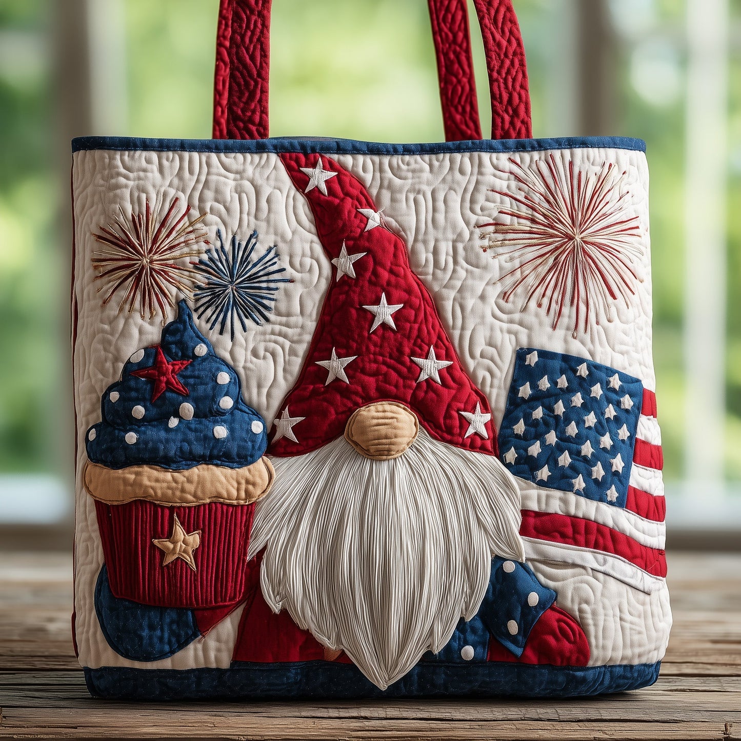 Patriotic Gnome Fireworks Quilted Tote