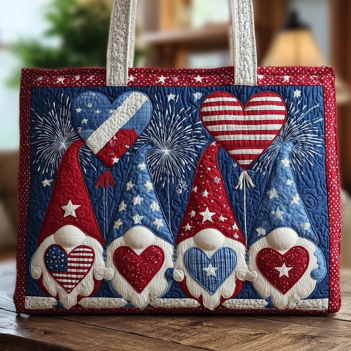 Patriotic Gnomes Hearts Quilted Tote
