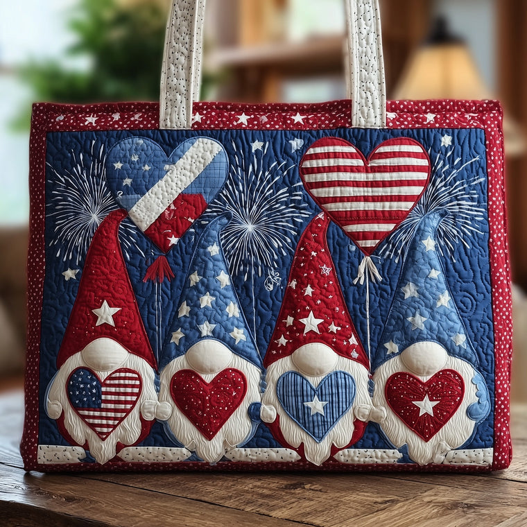 Patriotic Gnomes Hearts Quilted Tote