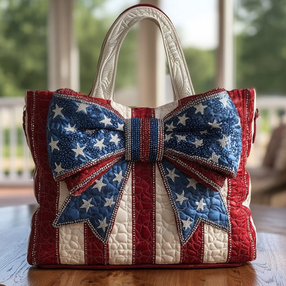 Patriotic Stars Stripes Bow Quilted Tote