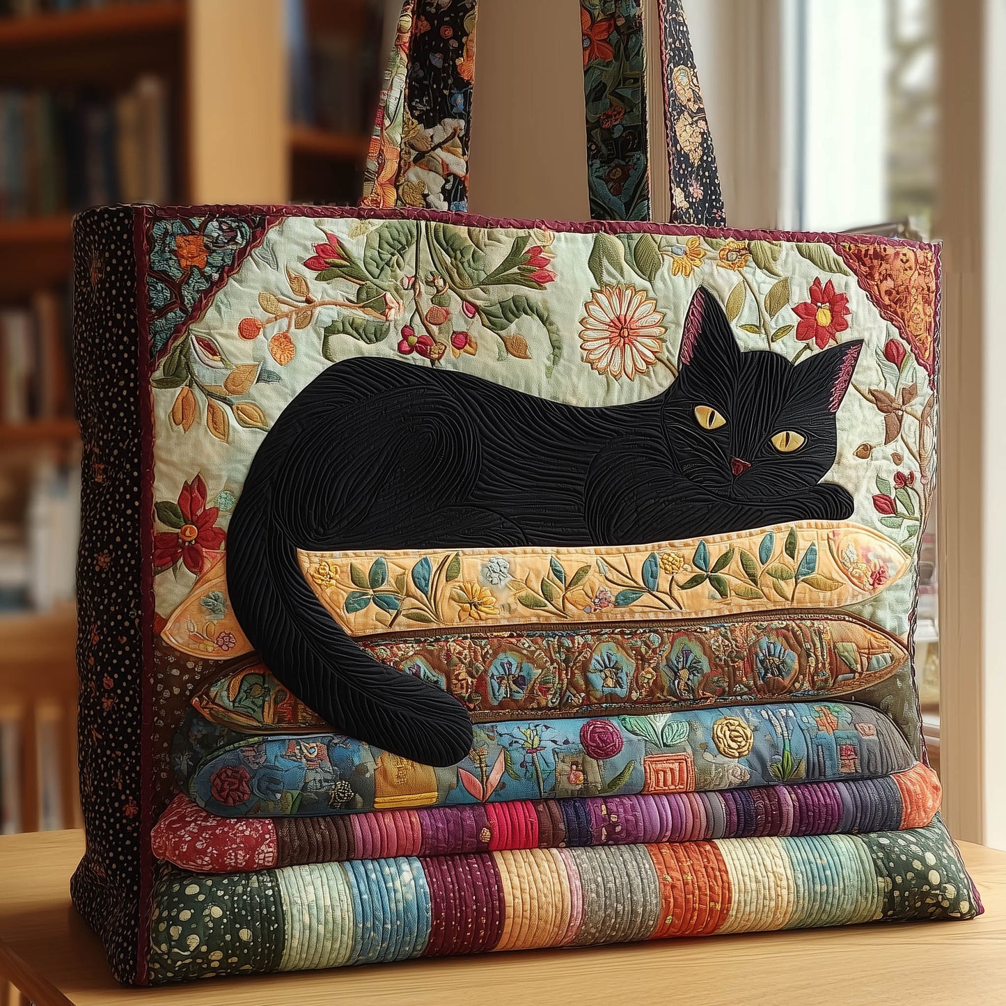 Black Cat Floral Quilted Tote