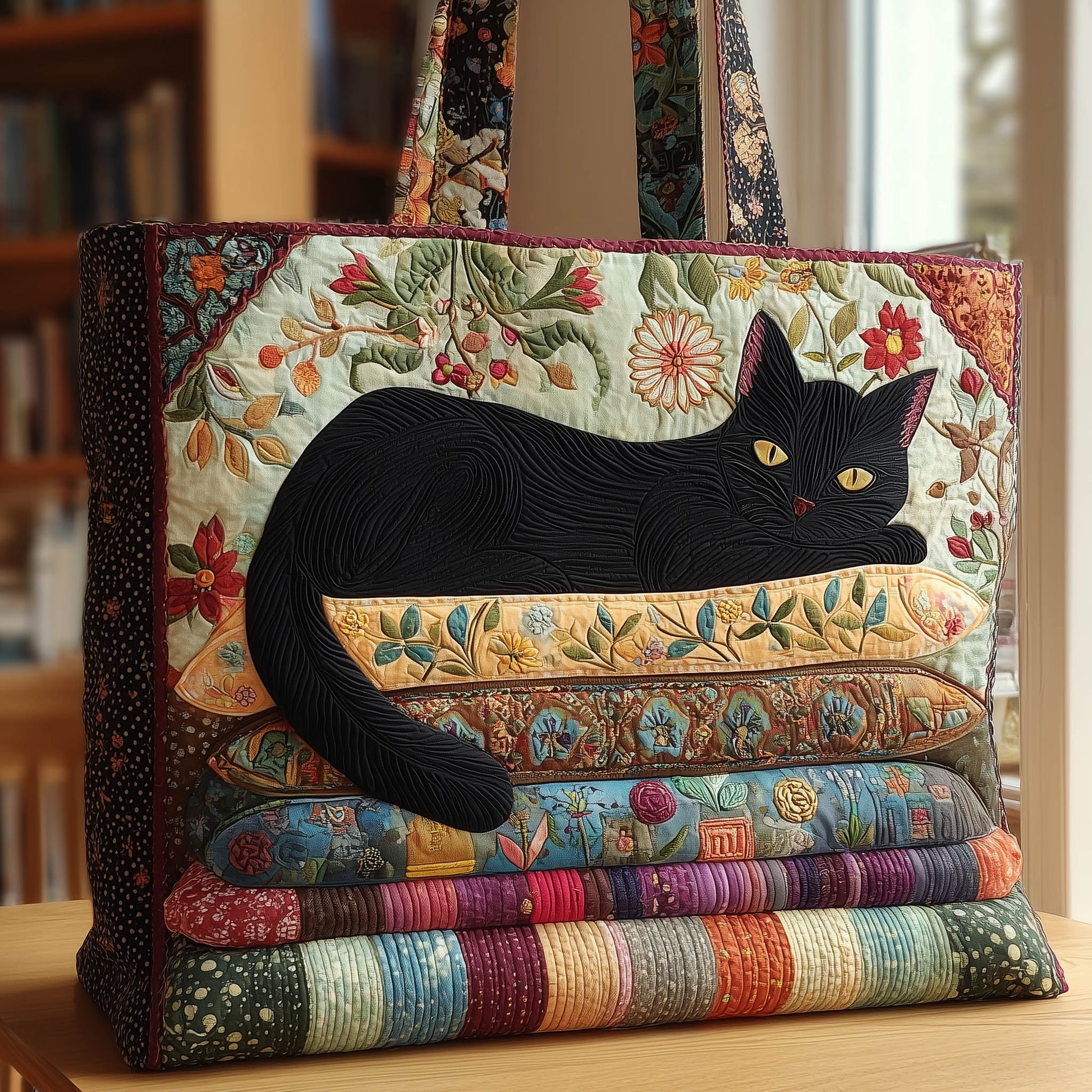Black Cat Floral Quilted Tote