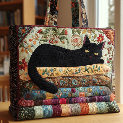 Black Cat Floral Quilted Tote