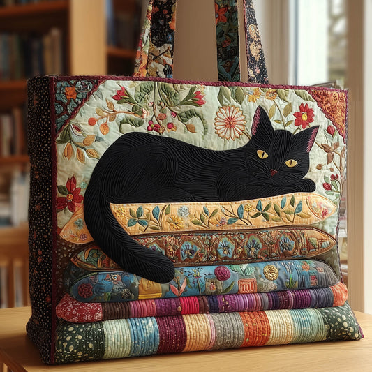 Black Cat Floral Quilted Tote
