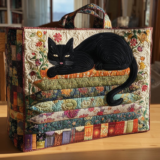 Black Cat Flowers Quilted Tote