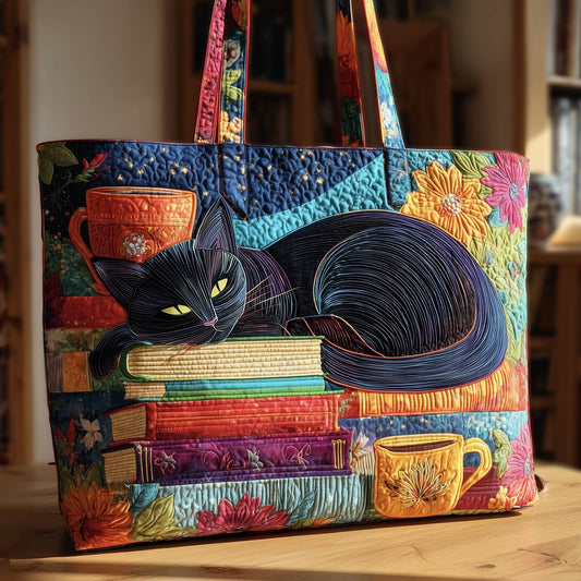 Black Cat On Books Quilted Tote