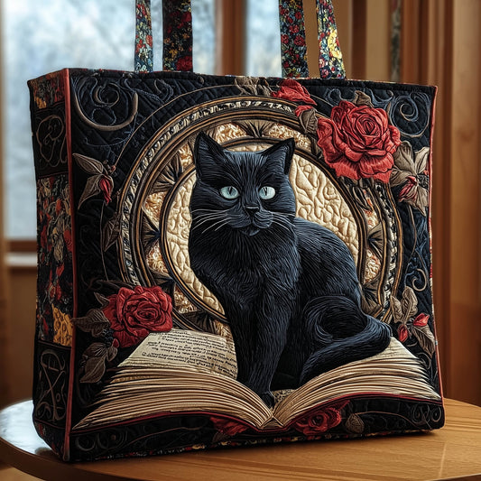 Black Cat Roses Quilted Tote