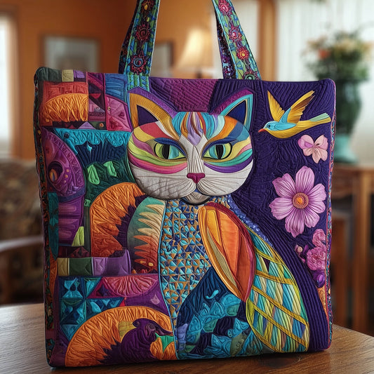 Colorful Cat Bird Quilted Tote