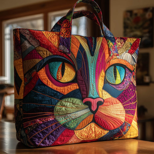 Vibrant Cat Face Quilted Tote