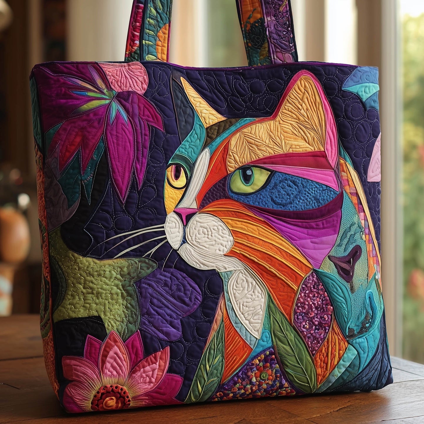 Colorful Cat Portrait Quilted Tote