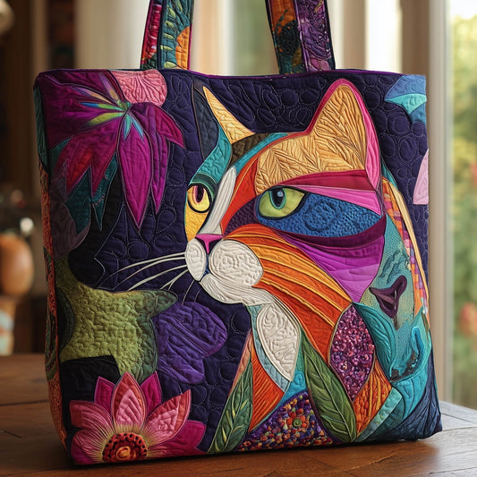 Colorful Cat Portrait Quilted Tote
