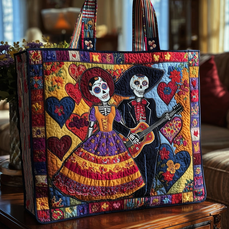 Festive Skulls Hearts Quilted Tote