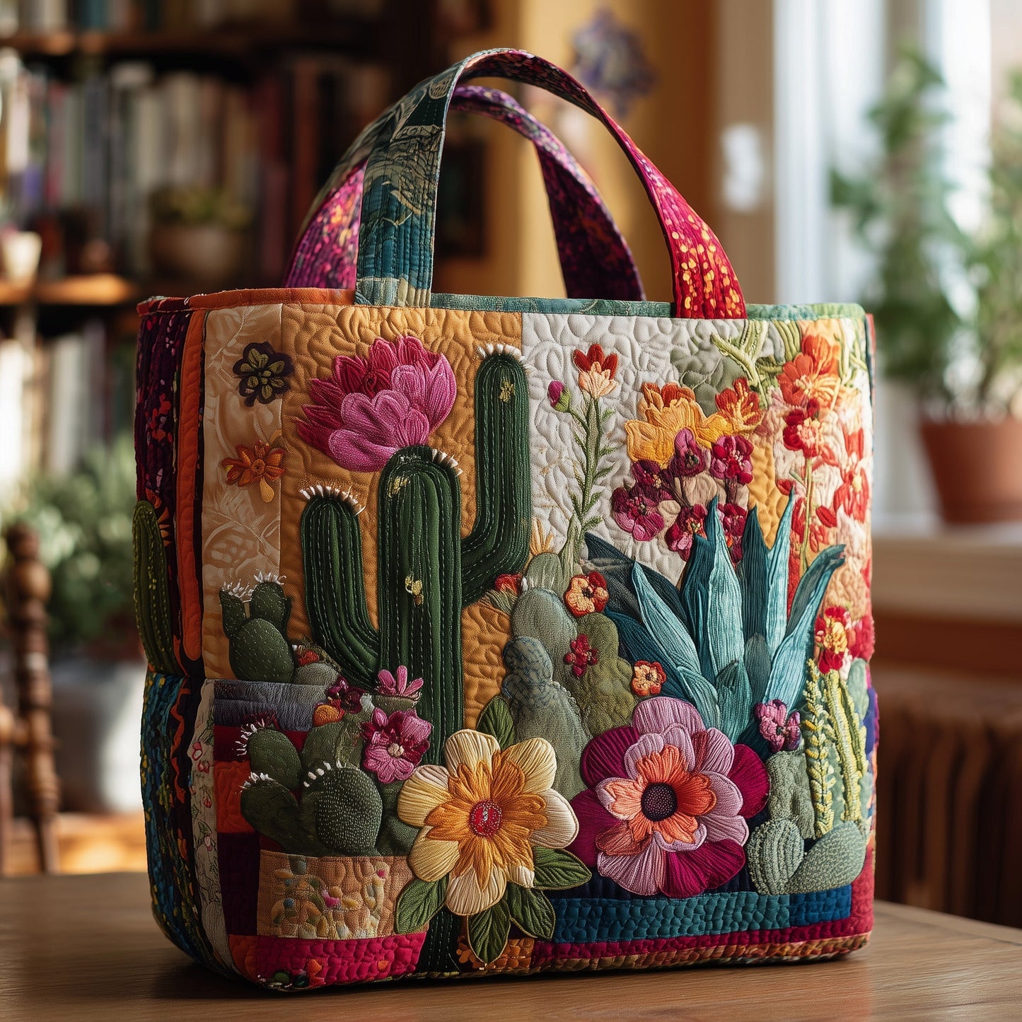 Blooming Cactus Flowers Quilted Tote