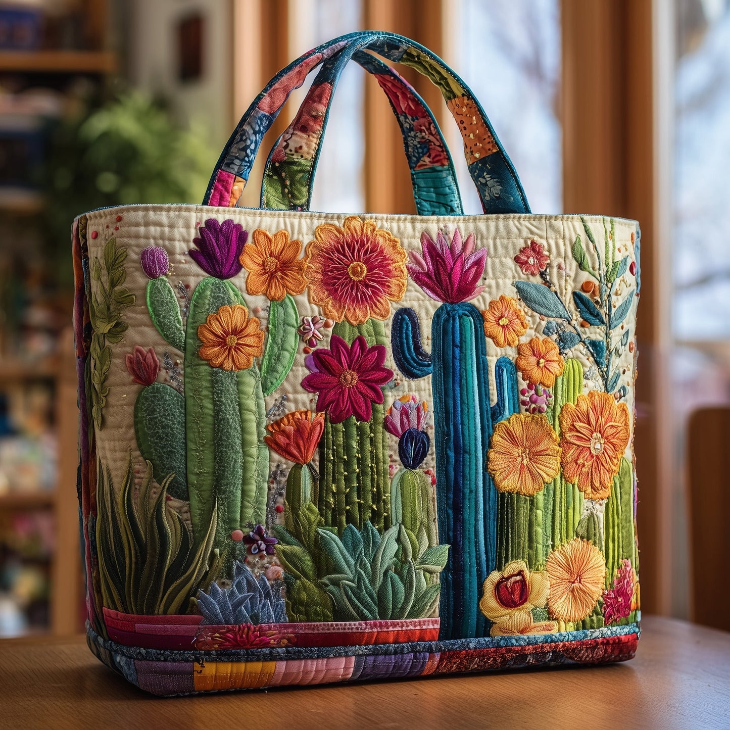 Colorful Cactus Flowers Quilted Tote