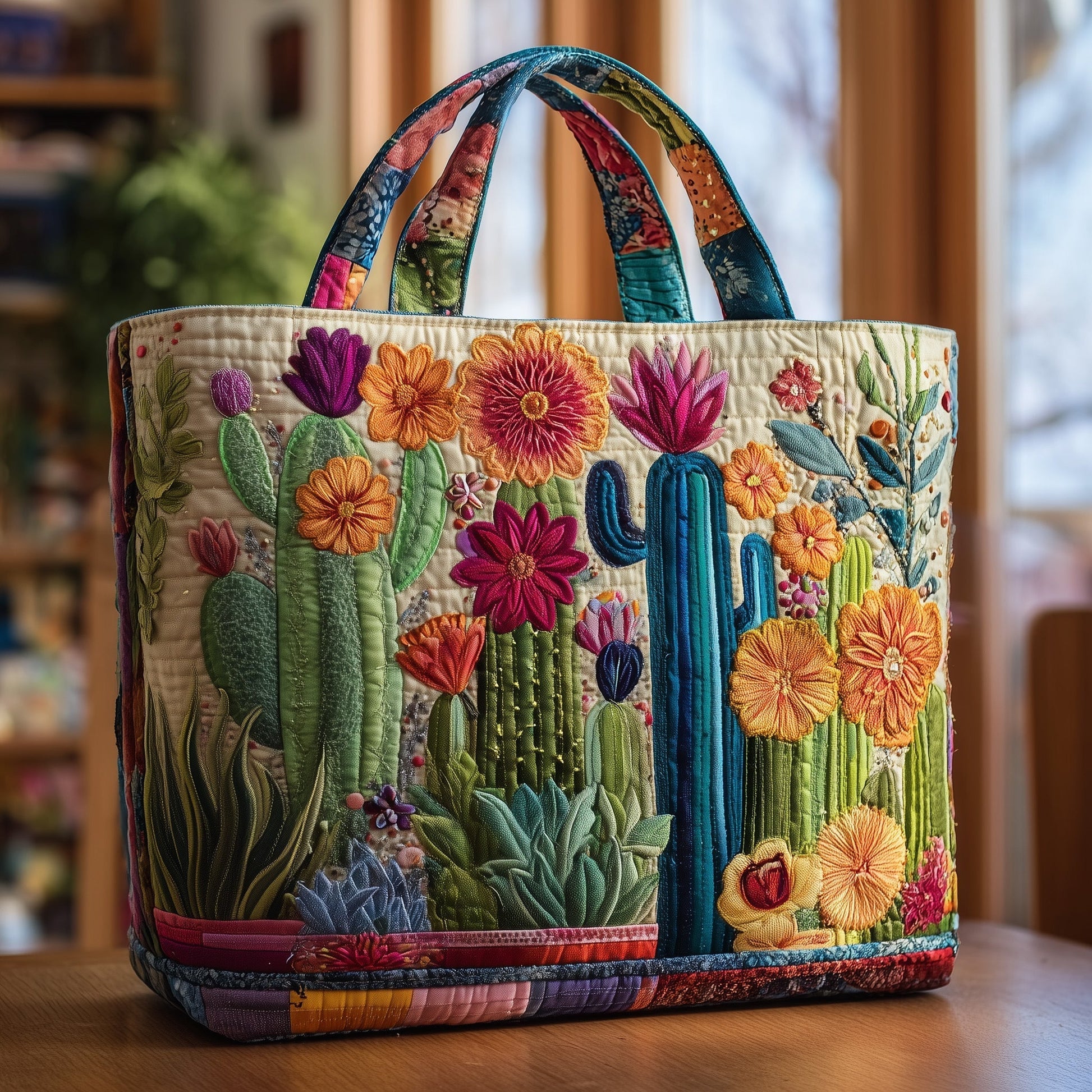Colorful Cactus Flowers Quilted Tote
