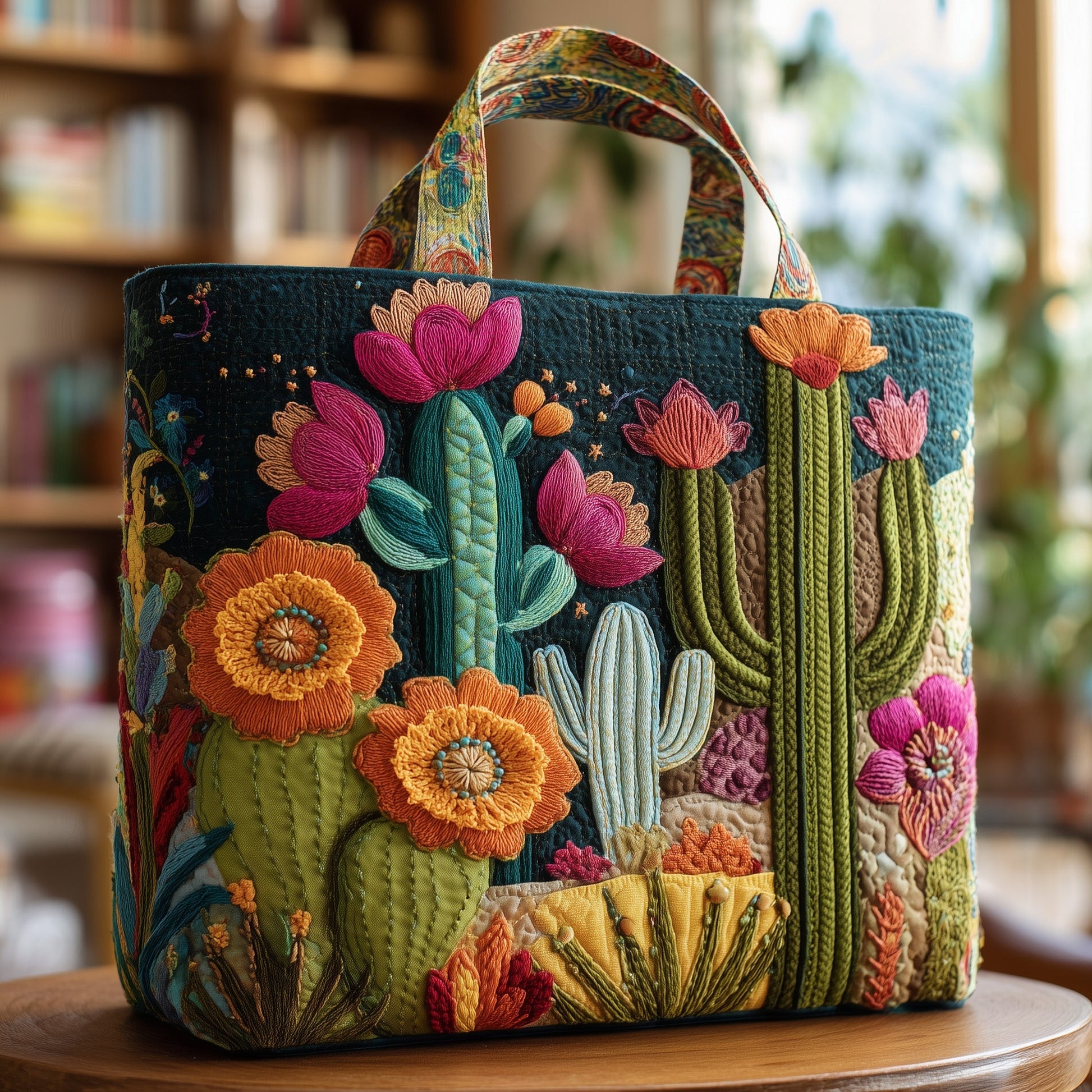 Colorful Embroidered Cactus Quilted Tote