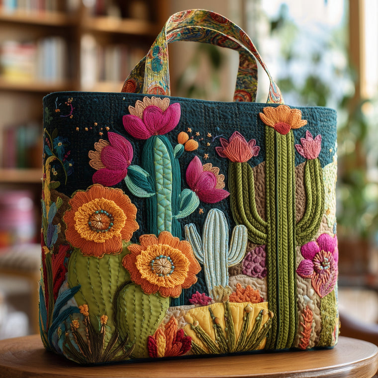 Colorful Embroidered Cactus Quilted Tote