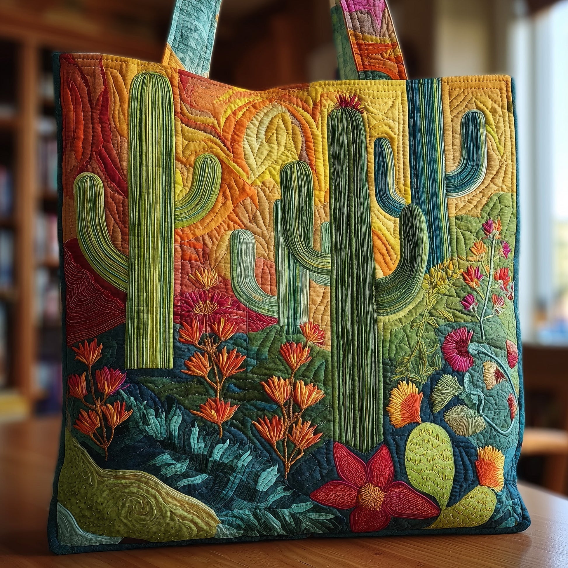 Vibrant Cactus Garden Quilted Tote