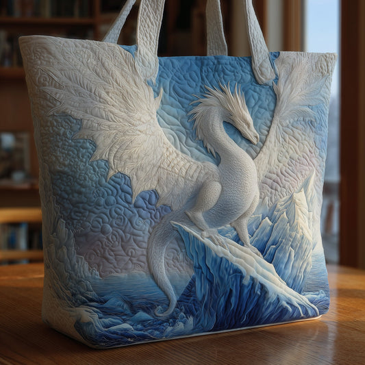 White Dragon On Blue Quilted Tote