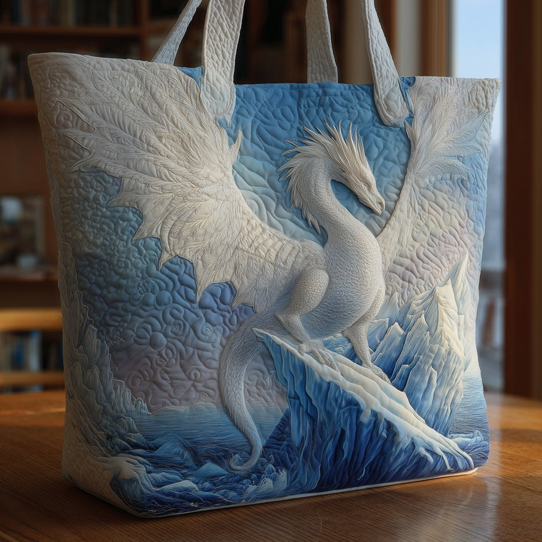 White Dragon On Blue Quilted Tote