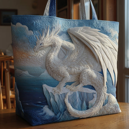 White Dragon On Iceberg Quilted Tote