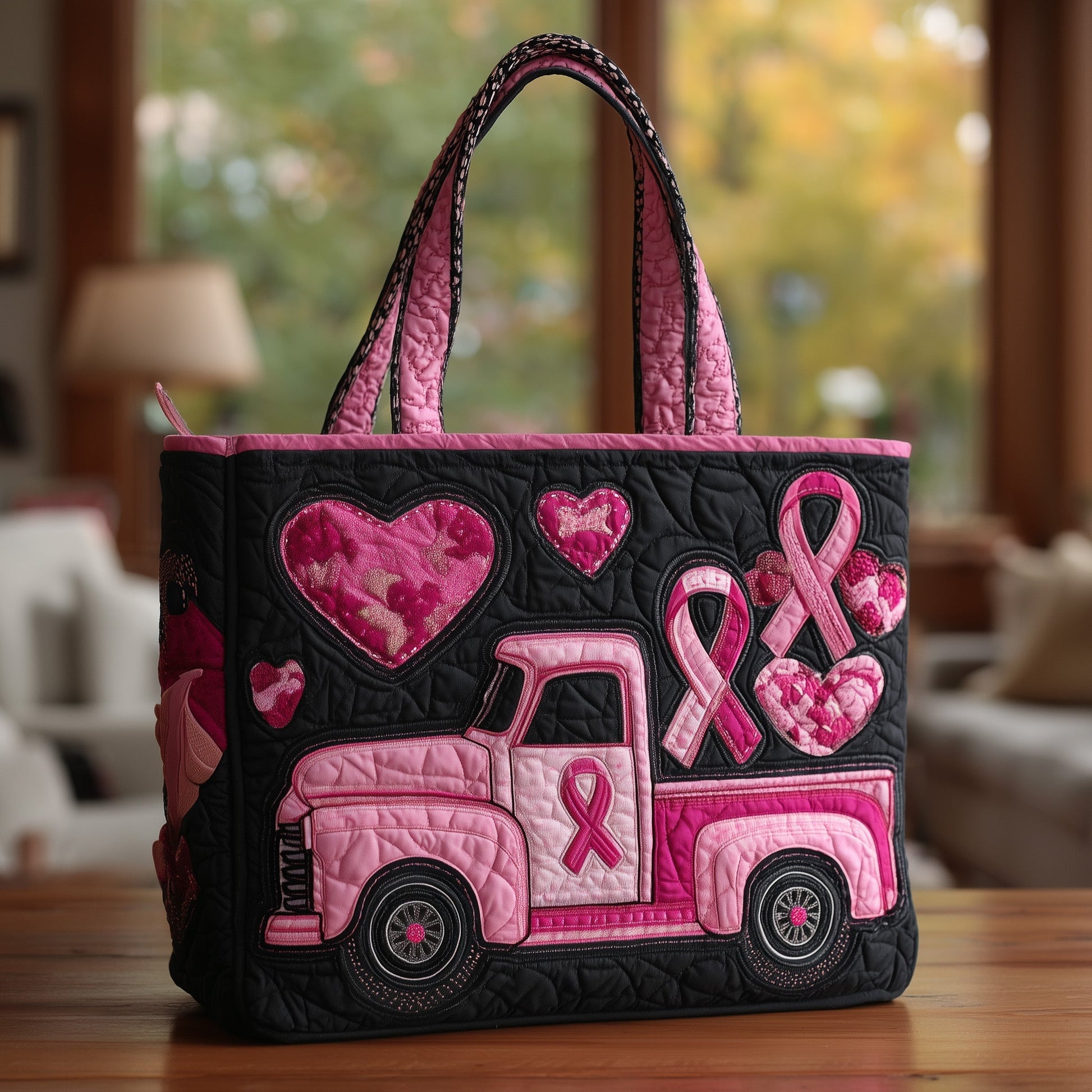 Pink Ribbon Hearts Truck Quilted Tote