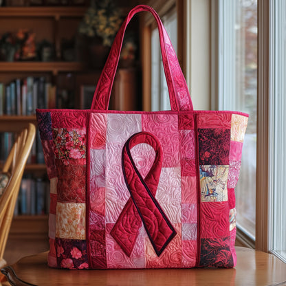 Breast Cancer Ribbon Patchwork Quilted Tote