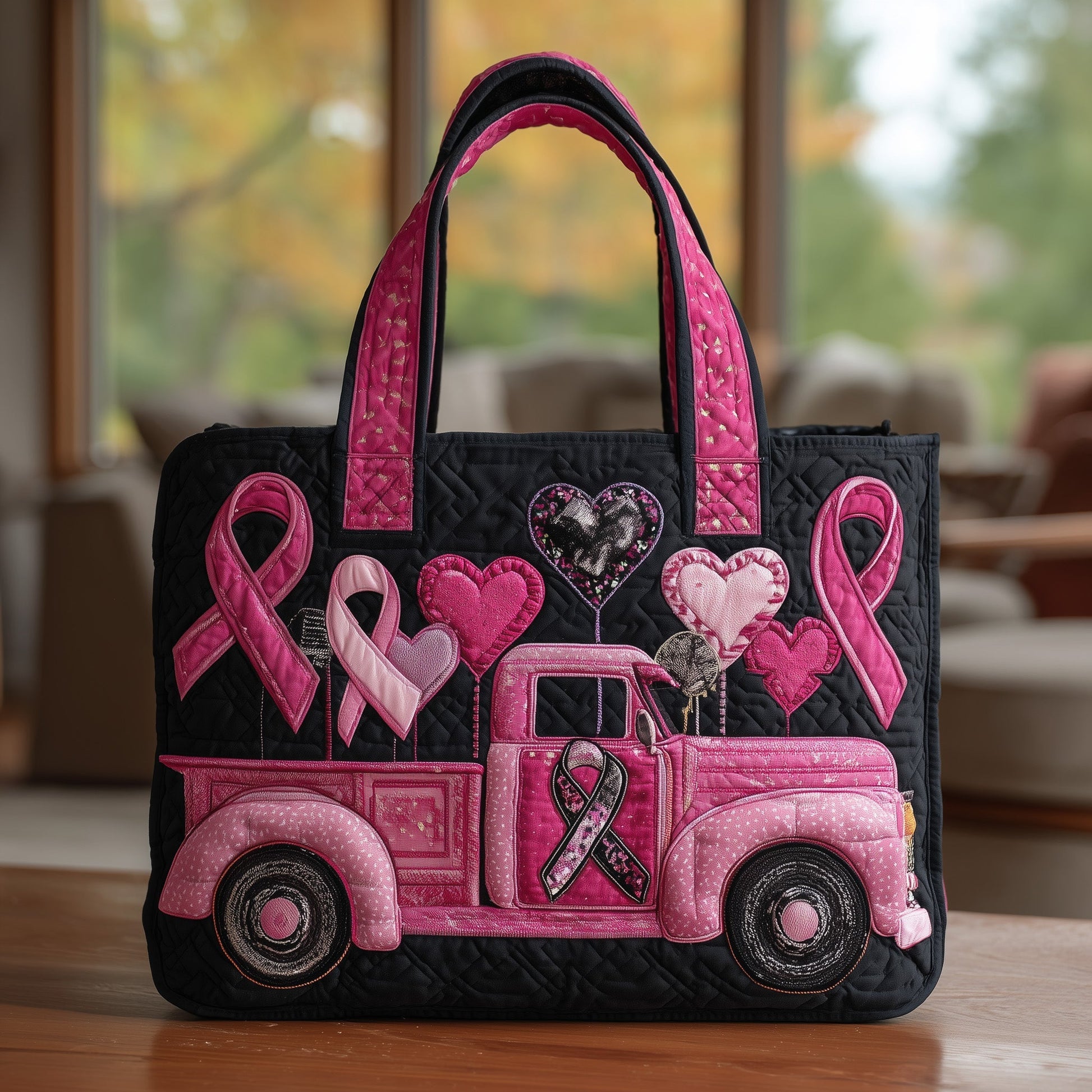Pink Ribbon Hearts Truck Tote Bag
