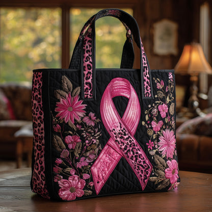 Pink Awareness Ribbon Floral Quilted Tote