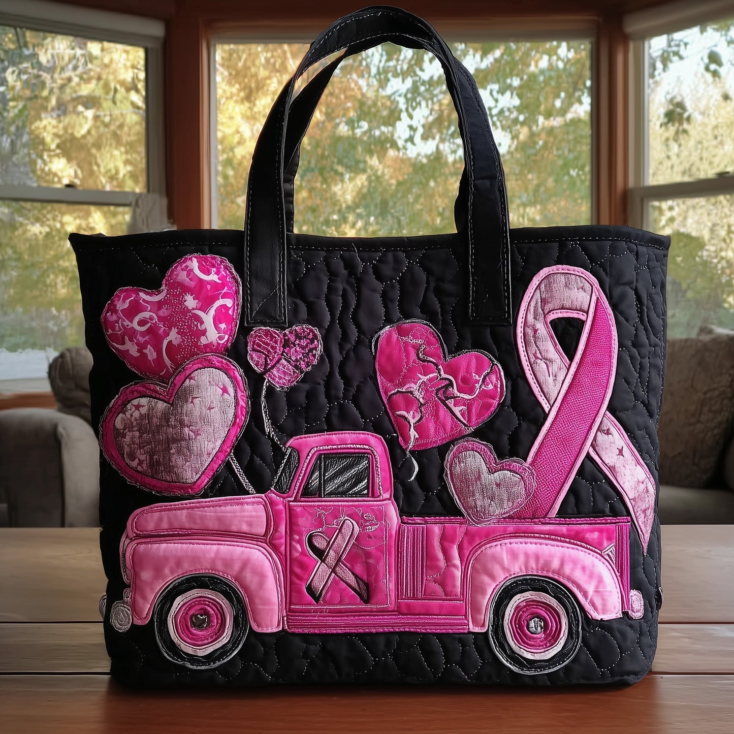 Pink Hearts Ribbon Quilted Tote
