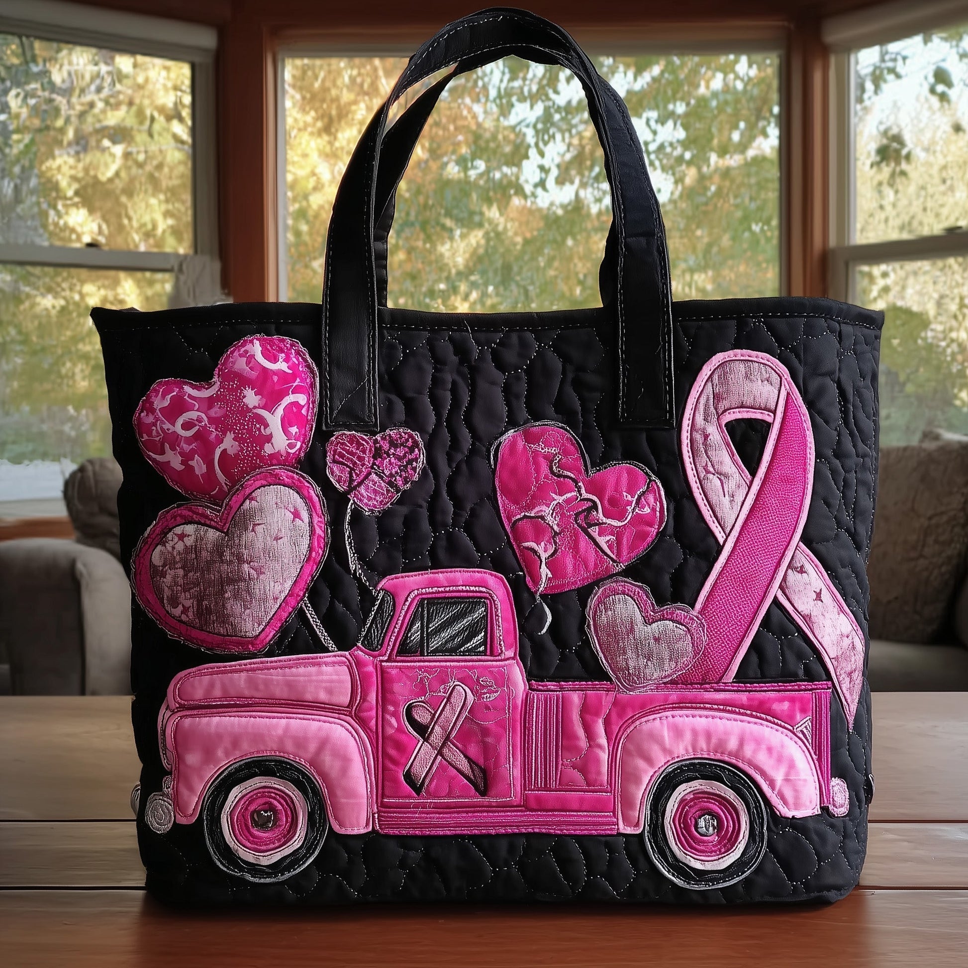 Pink Hearts Ribbon Quilted Tote