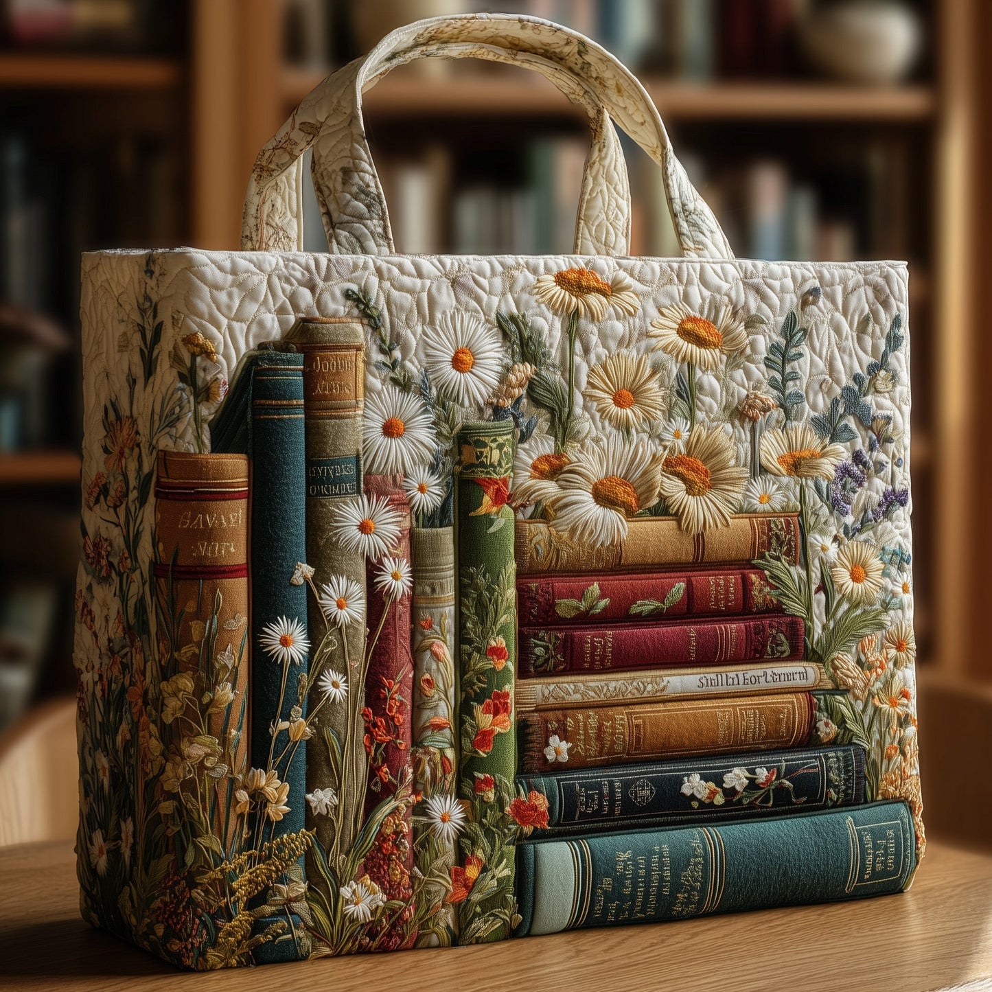 Stacked Vintage Books Daisies Quilted Tote