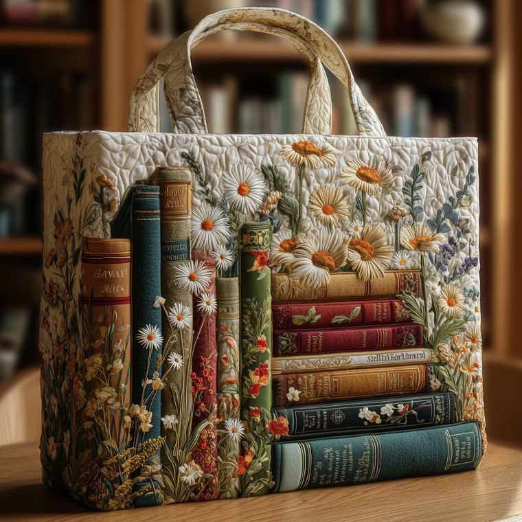 Stacked Vintage Books Daisies Quilted Tote