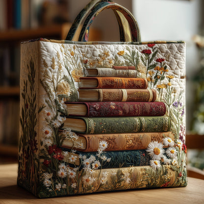 Stacked Books Flowers Quilted Tote
