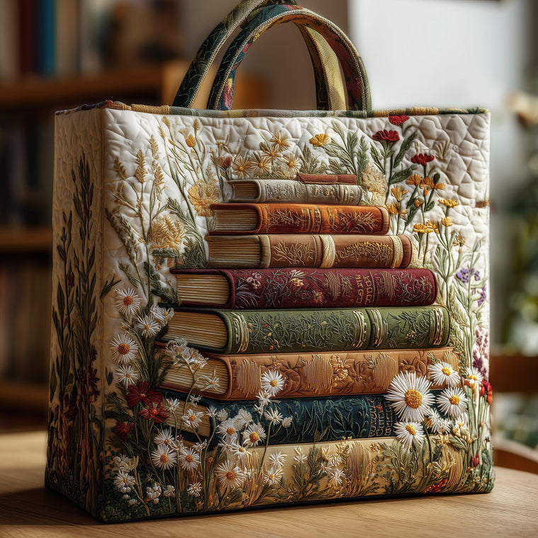Stacked Books Flowers Quilted Tote