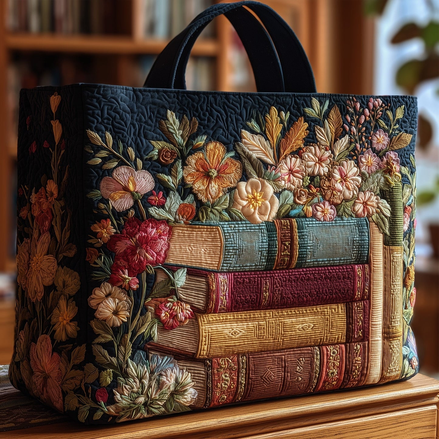 Stacked Books Floral Quilted Tote
